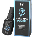 Flacon noir Intt Hard Man Power pose couche devant sa boite bleue, gel stimulant pour homme sensations intenses, vue alternative du packaging au logo poing