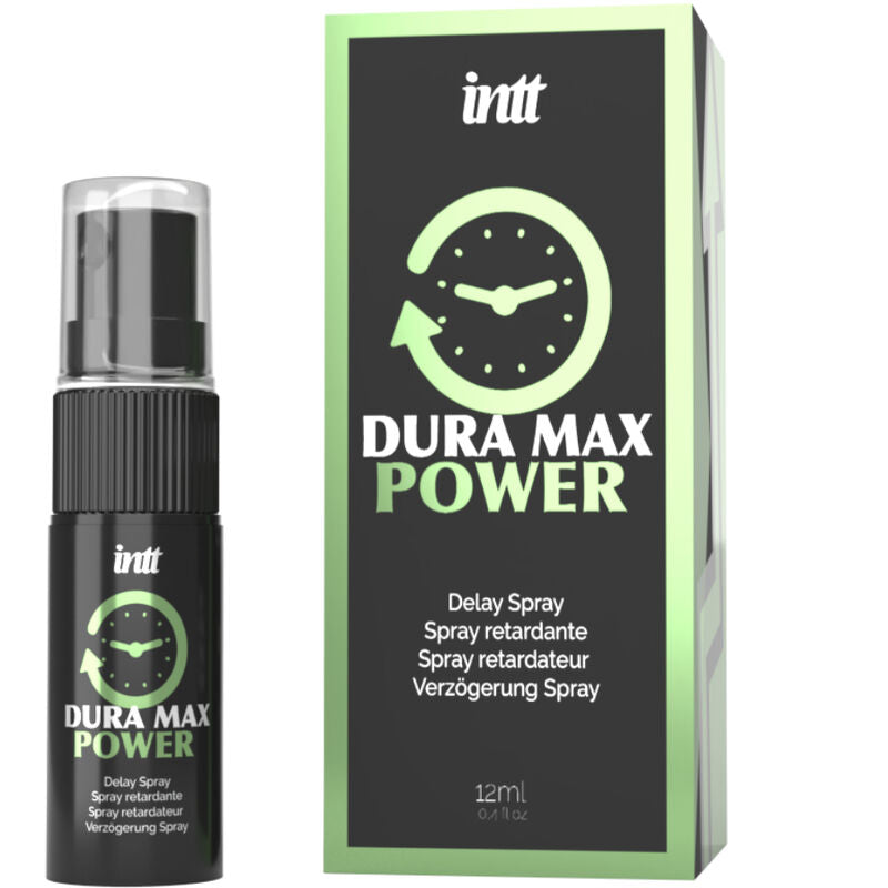 Spray pulverisateur noir Intt Dura Max Power a cote de sa boite verte, spray retardant pour homme effet longue duree concu pour prolonger les moments intimes