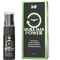 Spray pulverisateur noir Intt Dura Max Power a cote de sa boite verte, spray retardant pour homme effet longue duree concu pour prolonger les moments intimes