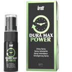 Spray pulverisateur noir Intt Dura Max Power a cote de sa boite verte, spray retardant pour homme effet longue duree concu pour prolonger les moments intimes