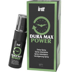 Flacon spray noir Intt Dura Max Power incline pres de sa boite verte, vue rapprochee du pulverisateur retardant masculin longue duree au design horloge