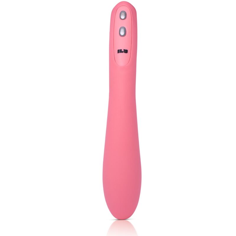 Vibromasseur wand point G rose présenté debout, tige fine légèrement incurvée à tête arrondie et deux boutons de commande, finition entièrement lisse du produit sur fond blanc épuré.