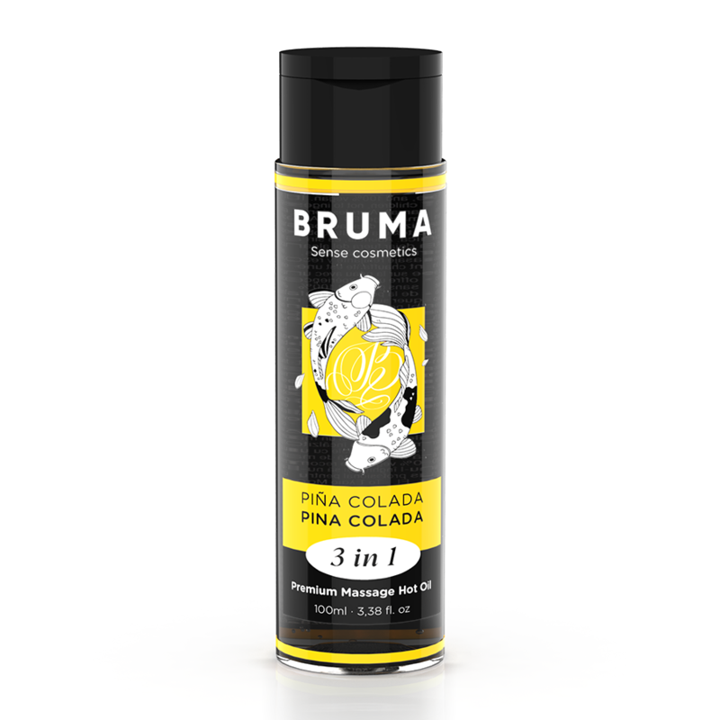 Huile de massage Bruma pina colada versee depuis le flacon sur le bout des doigts, demonstration de la texture ultra glissante pour un massage relaxant exotique