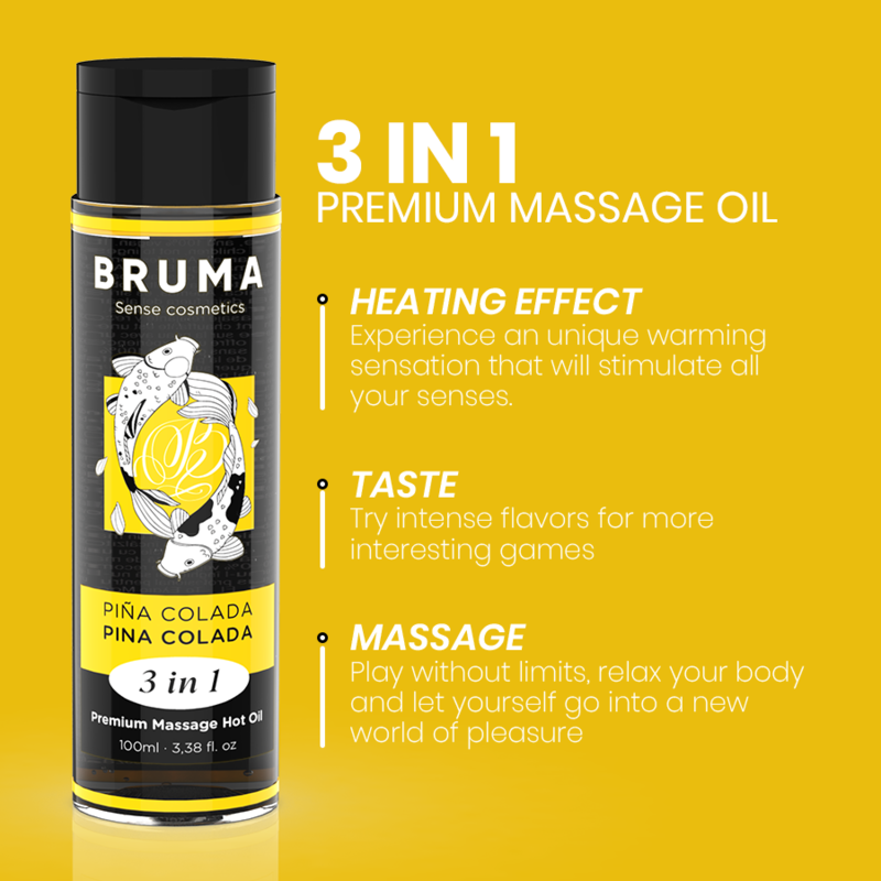 Flacon d'huile de massage Bruma pina colada 3 en 1 sur fond jaune avec arguments effet chaleur, gout et massage, presentation de l'huile premium exotique