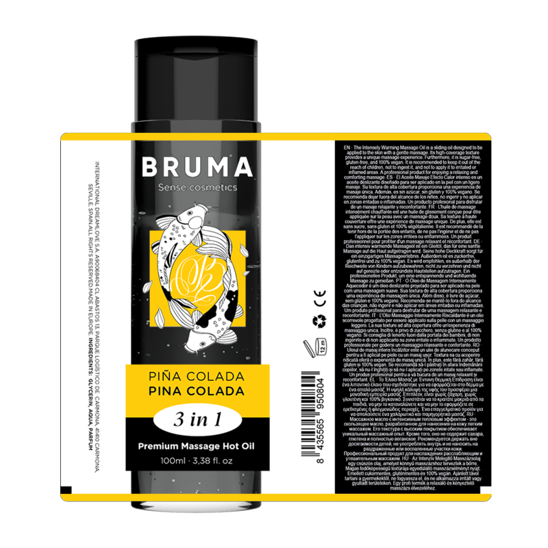 Flacon d'huile de massage Bruma pina colada vu de face et de dos avec etiquette ingredients, cosmetique de massage chauffant 3 en 1 aux notes ananas coco