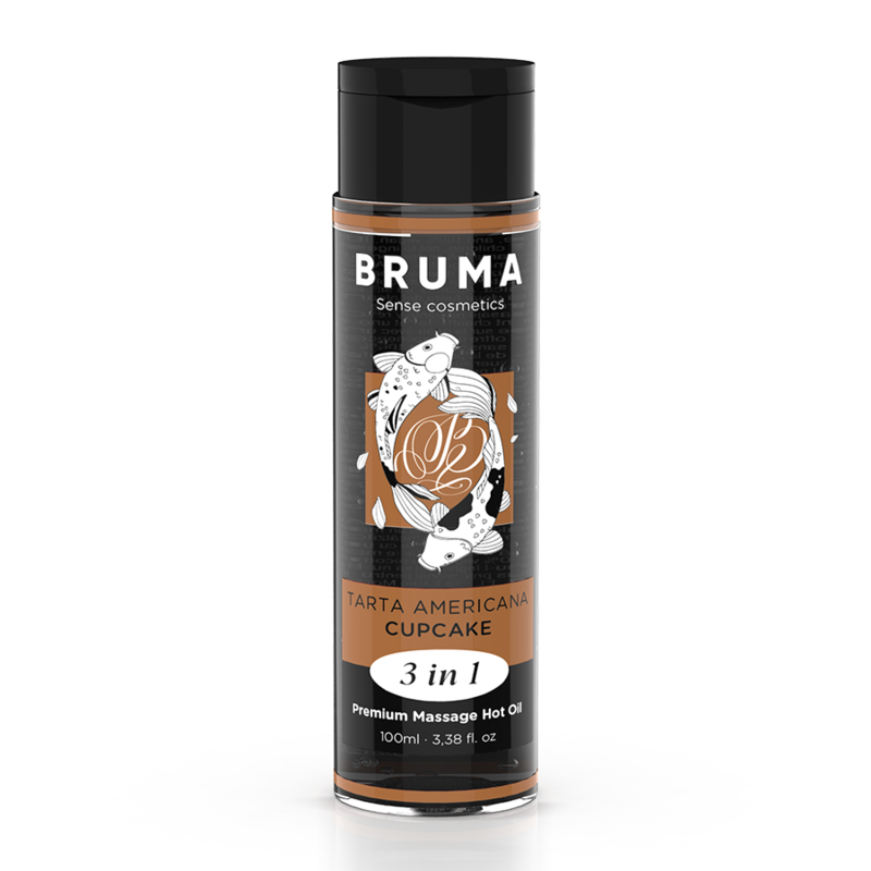 Flacon d'huile de massage chauffante Bruma cupcake 3 en 1 presente seul, bouteille noire au design floral, cosmetique de massage gourmand effet chaleur