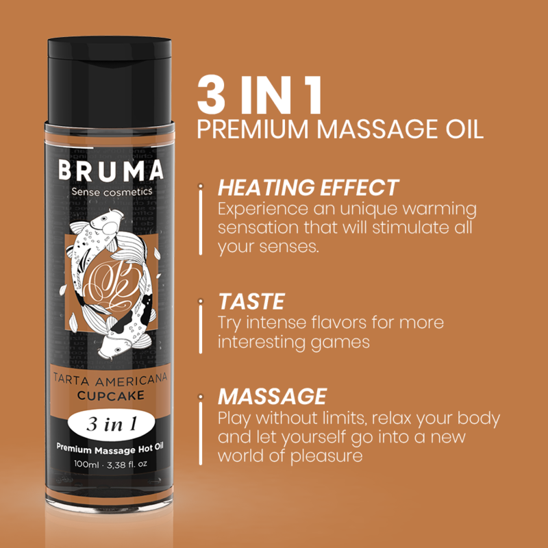 Flacon d'huile de massage Bruma cupcake 3 en 1 avec explications effet chaleur, gout et massage, presentation des usages de l'huile premium effet chauffant