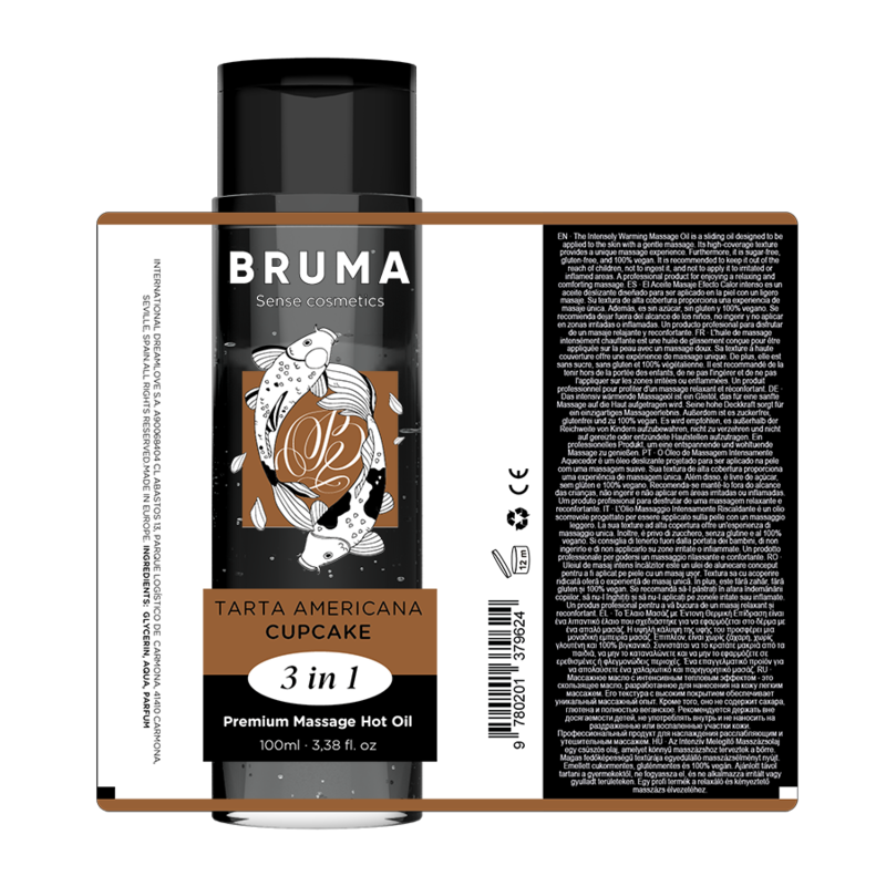 Flacon d'huile de massage Bruma cupcake vu de face et de dos avec etiquette ingredients, cosmetique de massage chauffant 3 en 1 saveur gourmande