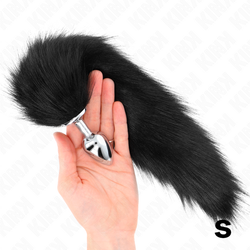 Plug queue noir taille S tenu en main, embout métal lisse et longue queue en fausse fourrure souple, accessoire de jeu de rôle pour costume animal sensuel
