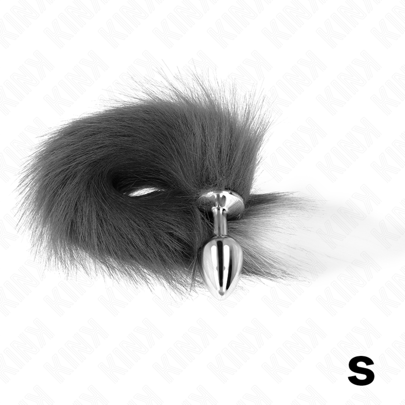 kink plug anal taille s 7 x 3 cm avec queue synthetique 40 cm gris et blanc