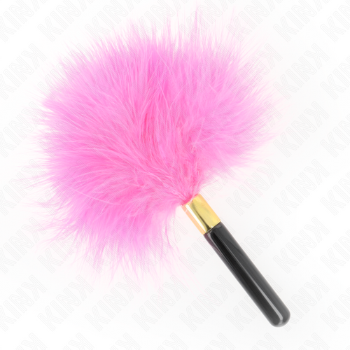 Plumeau a plumes roses sur manche noir laque a embout dore, pose sur fond blanc. Accessoire de jeux sensoriels pour effleurer la peau en douceur.