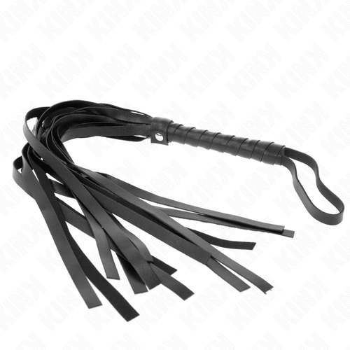 Martinet en cuir noir au manche tresse, longues lanieres fines posees a plat. Fouet de discipline souple pense pour des sensations enveloppantes lors des jeux a deux.