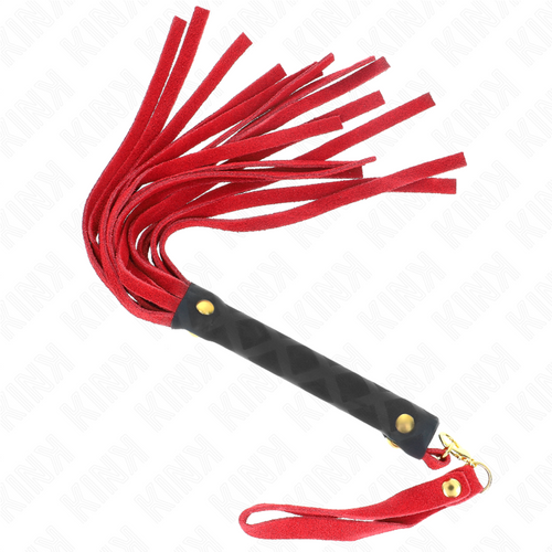 Mini martinet en daim rouge à lanières souples et manche tressé avec dragonne, fouet d'impact compact de 30 cm pour jeux de discipline.