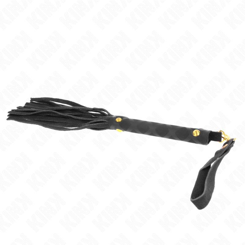 Mini martinet en daim noir aux lanières souples et manche court tressé, fouet d'impact compact de 30 cm pour des fessées légères.