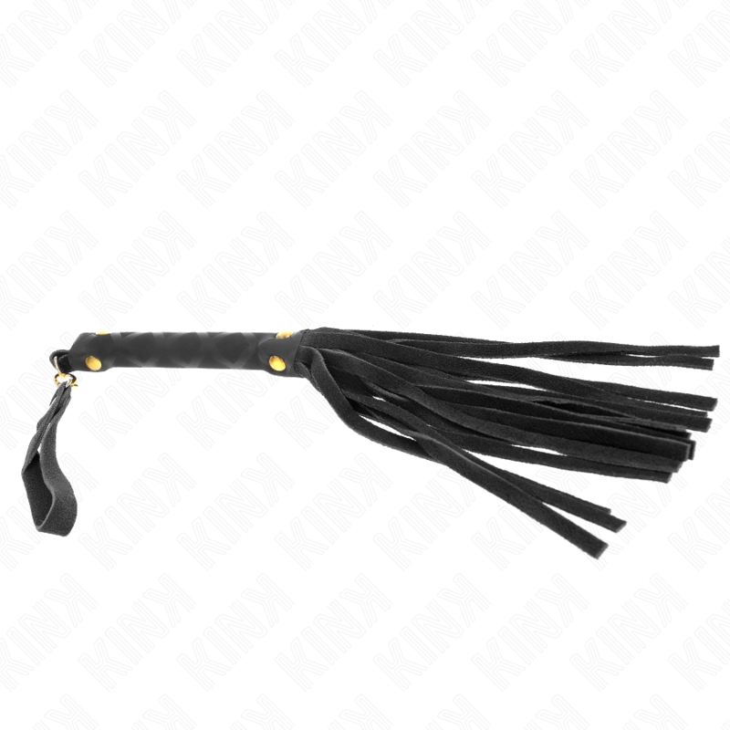 Mini martinet en daim noir à lanières souples avec manche tressé et dragonne, accessoire de discipline compact de 30 cm de la gamme Kink.