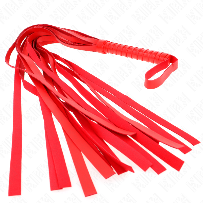 Martinet de discipline en cuir rouge a lanieres souples et manche a dragonne, pose sur fond blanc, accessoire de flagellation colore pour jeux BDSM.