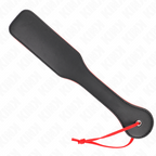 Palette de fessée double face en cuir noir à liseré rouge vue de profil, manche ferme et dragonne, accessoire de discipline à deux sensations pour le BDSM.