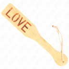 Palette de fessee en bambou ajouree au mot LOVE avec lacet, surface rigide de 32 cm pour un impact net et sonore, accessoire de discipline a deux.