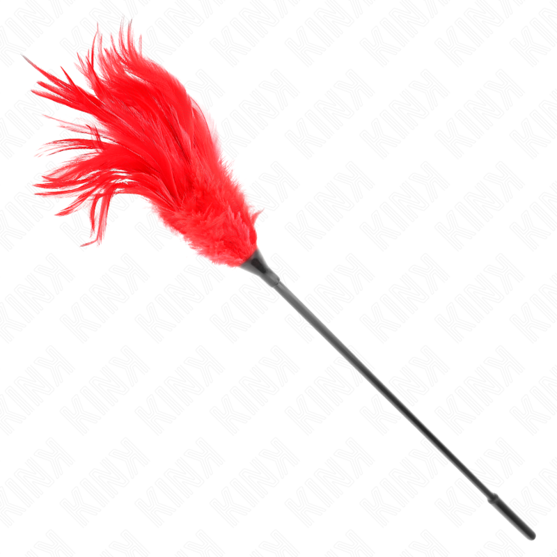 Plumeau aux plumes rouges en pointe sur longue tige noire souple, presente en entier. Accessoire sensoriel a l'allonge pour des caresses taquines a deux.