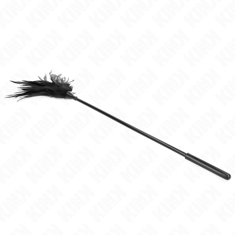 Plumeau a fines plumes noires sur longue tige souple, vue en entier. Accessoire sensoriel discret pour des caresses precises lors des preliminaires.
