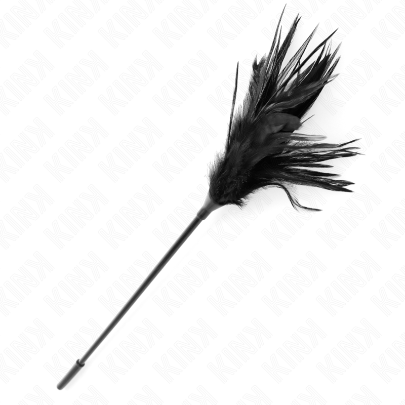Plumeau aux longues plumes noires effilees sur tige fine, presente en entier. Accessoire de taquinerie a l'allonge pour effleurer la peau a distance.