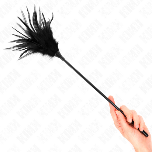 Plumeau de plumes noires effilees sur longue tige fine tenu en main. Accessoire sensoriel a la grande allonge pour des caresses legeres et taquines.