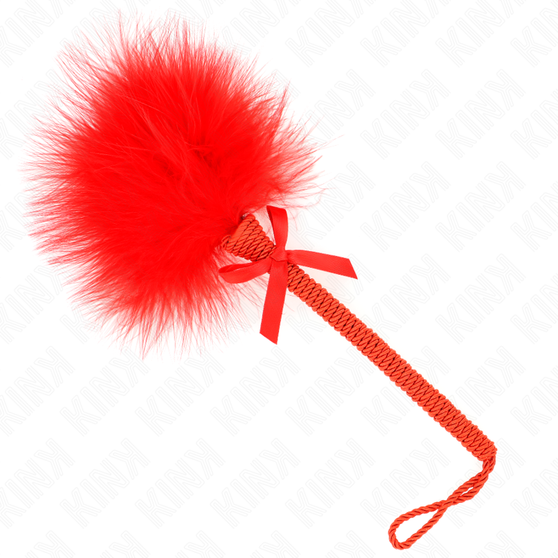 Baguette à plumeau de plumes rouges et nœud sur manche tressé fin, accessoire sensoriel de 25 cm pour des caresses légères et taquines.