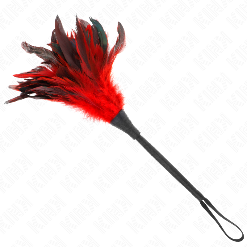 Plumeau à plumes rouges et noires avec long manche fin et dragonne, accessoire de chatouille sensoriel de 36 cm de la gamme Kink.