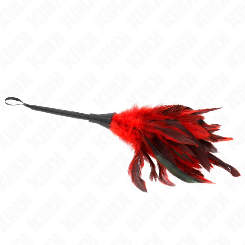 Plumeau à plumes rouges et noires fournies avec manche fin et dragonne, accessoire de stimulation sensorielle pour le jeu de frôlement.