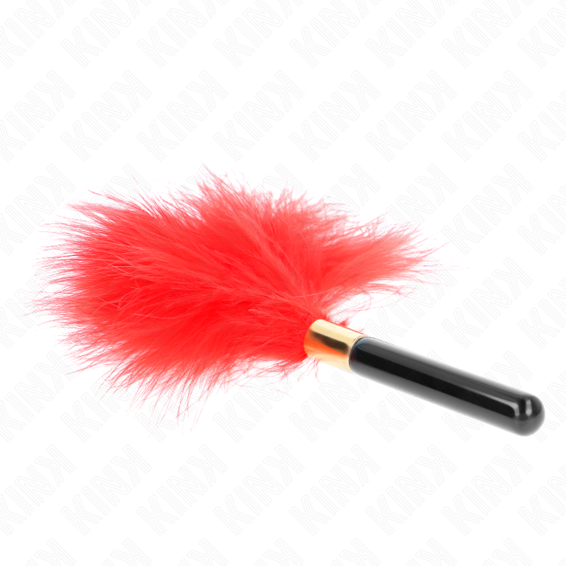 Plumeau aux plumes rouges etalees de profil sur manche noir brillant a embout dore. Accessoire sensoriel chic pour des caresses taquines a deux.