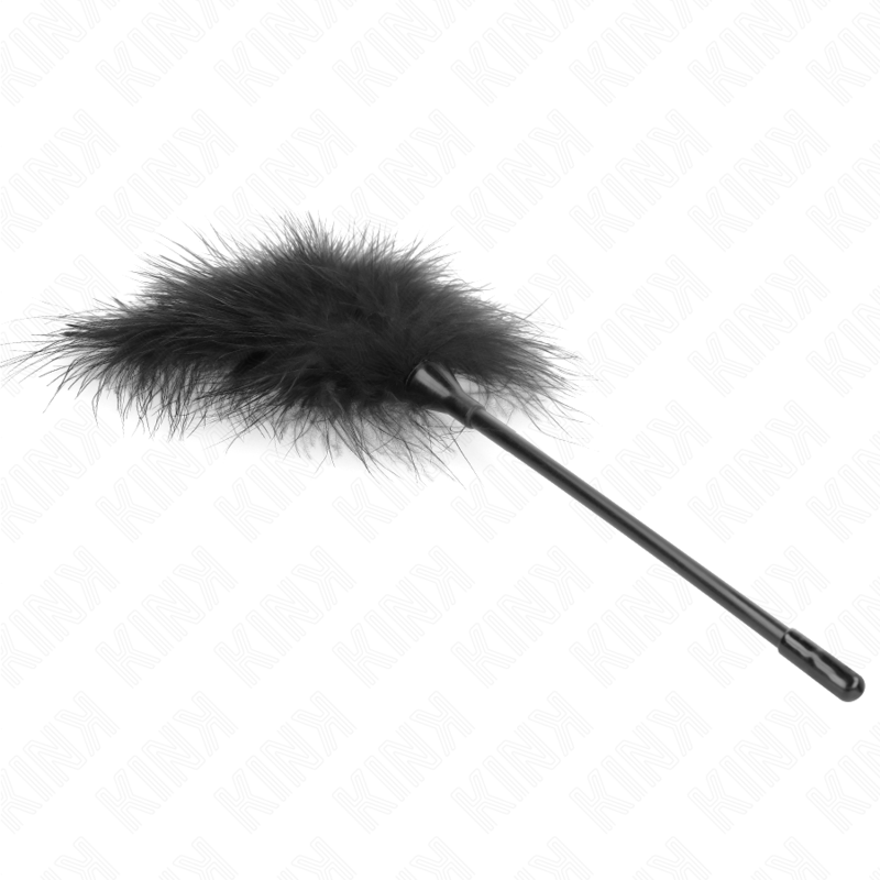 Plumeau aux plumes noires etalees de profil sur fine tige noire. Accessoire de jeux sensoriels pensé pour frôler la peau et faire monter le désir.