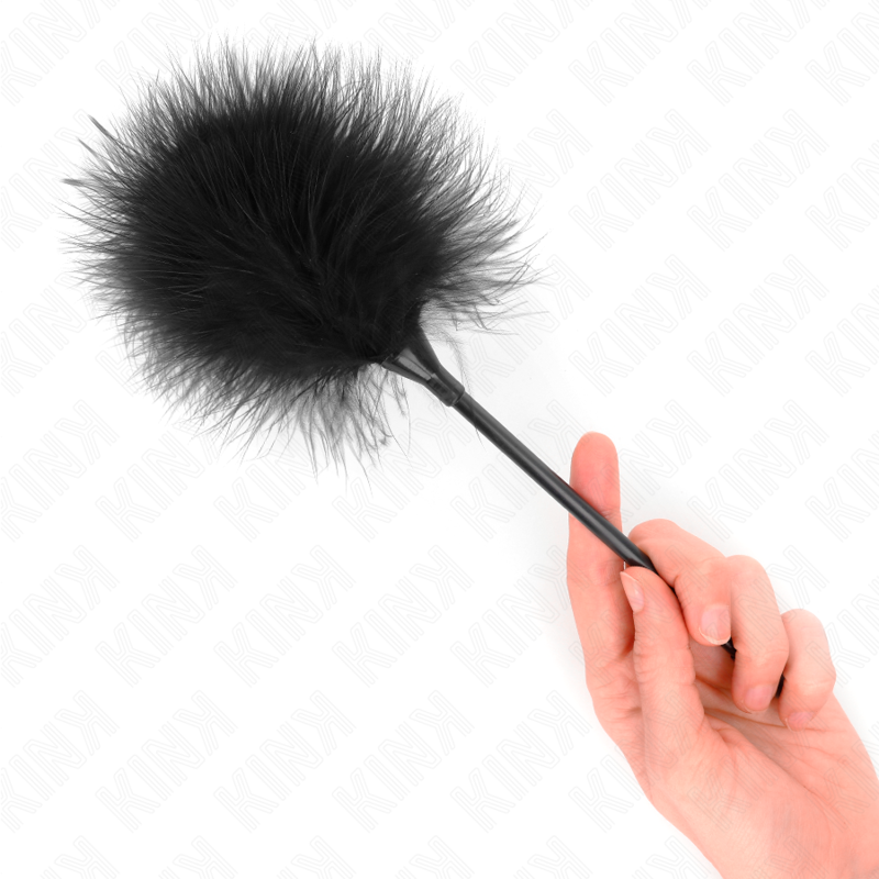 Plumeau aux plumes noires moelleuses tenu en main par sa tige fine. Accessoire sensoriel elegant pour des caresses legeres et des frissons a deux.