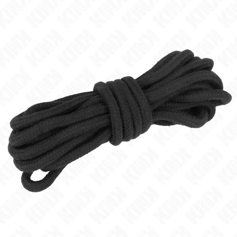Corde de bondage en coton noir enroulee en faisceau, extremite a boucle visible, fibre tressee souple pour le ligotage et les jeux de soumission.