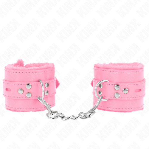 Manchettes de poignets roses doublees de fourrure assortie, reliees par une courte chaine argentee, vue de face sur fond blanc, contention soft pour debutants.