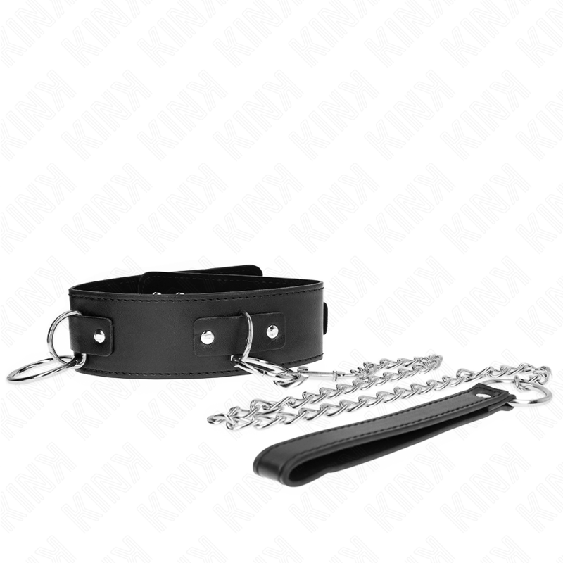 Collier de soumission noir relié à une chaîne argentée et poignée cuir. Kit collier-laisse BDSM sobre pour jeu dominant-soumis à deux.