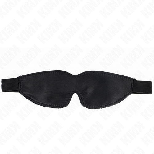 Masque sur les yeux noir en satin présenté à plat, sangle élastique dépliée, accessoire BDSM léger et soyeux pour priver la vue et éveiller le toucher.