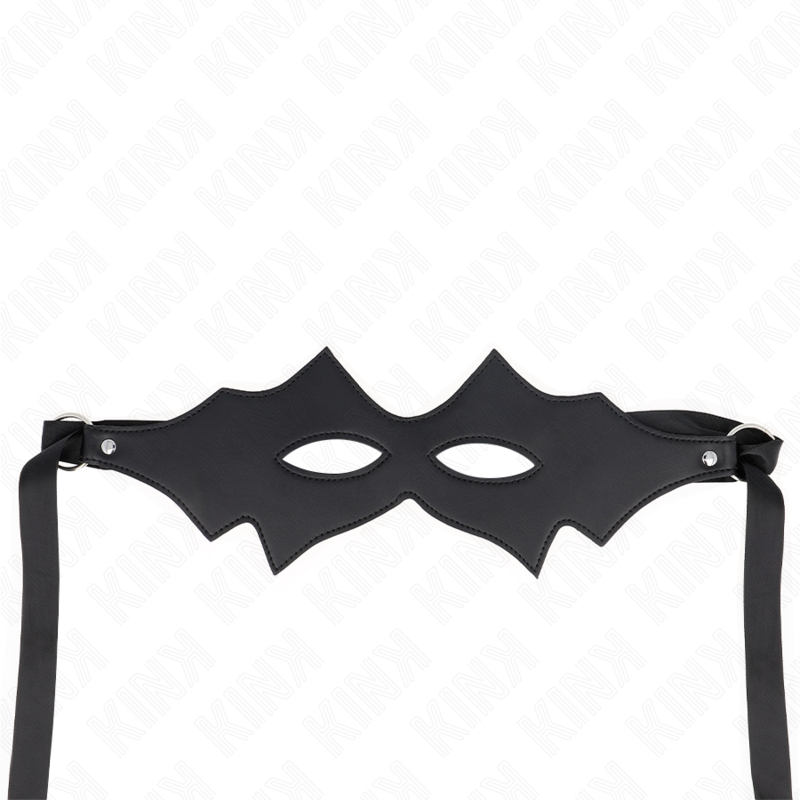Masque loup noir en simili-cuir à contour dentelé style chauve-souris présenté à plat, longues attaches, accessoire de mise en scène mystérieuse BDSM.