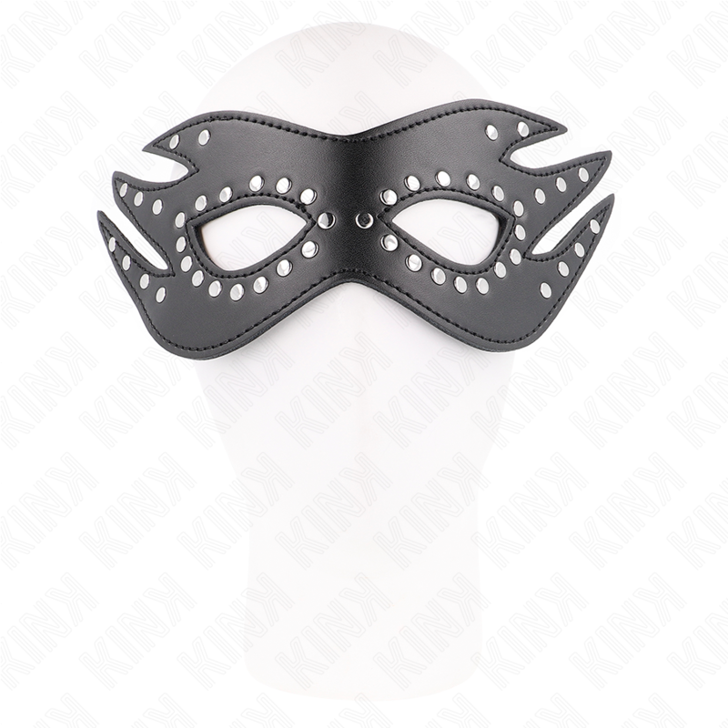 Masque loup noir clouté à découpes en flammes porté sur tête neutre, regard félin, accessoire de jeu de rôle masqué affirmé pour ambiance sensuelle.