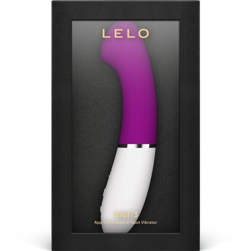 Vibromasseur point G Gigi 3 fuchsia dressé dans son coffret Lelo App Controlled, embout plat incurvé en silicone et base blanche, rechargeable et étanche.