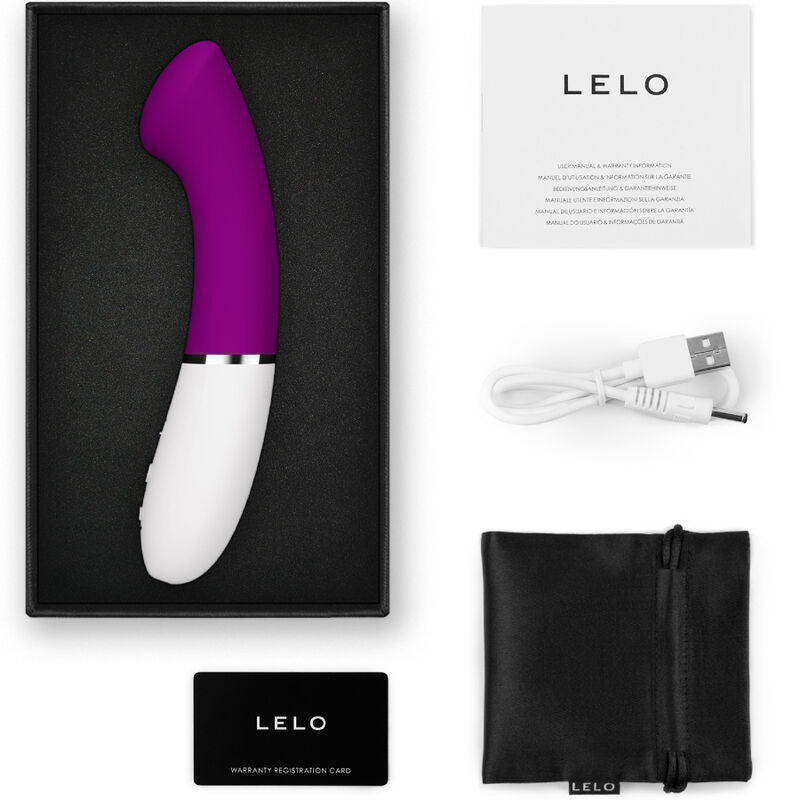 Vibromasseur point G Gigi 3 fuchsia dans sa boîte avec câble USB, pochette satin et carte de garantie Lelo, embout plat ciblant le point G, connecté Bluetooth.