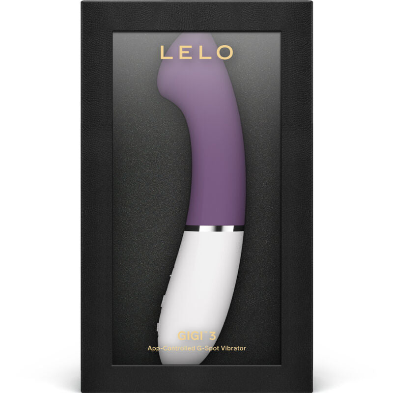 Vibromasseur point G Gigi 3 violet présenté debout dans son écrin Lelo App Controlled G Spot, embout plat en silicone et base blanche, connecté Bluetooth.