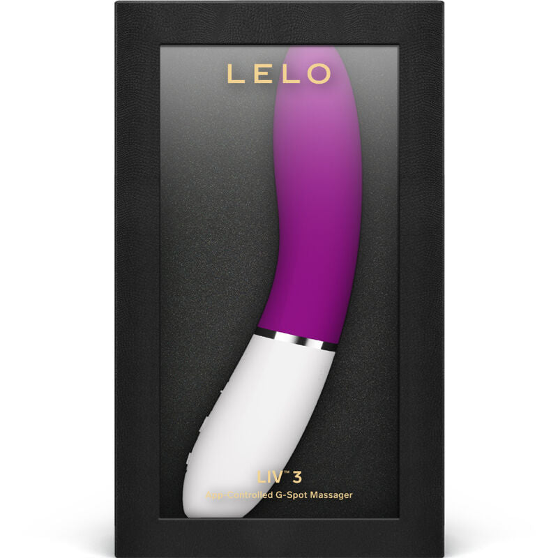 Vibromasseur Lelo Liv 3 violet vif presente dans son ecrin noir, masseur point G connecte en silicone doux rechargeable pilotable par appli.