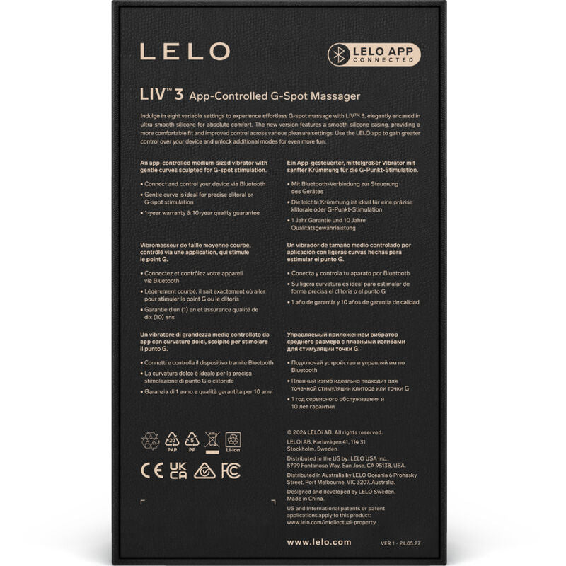 Dos de la boite noire Lelo Liv 3, descriptif multilingue du vibromasseur point G connecte et logos certification, packaging sans element anatomique.