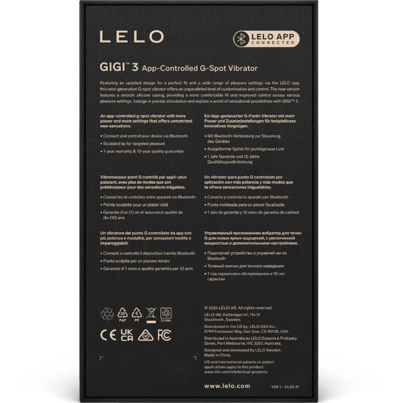 Dos de la boîte du Gigi 3 G Spot Vibrator de Lelo, panneau noir détaillant caractéristiques techniques et connexion application en plusieurs langues.