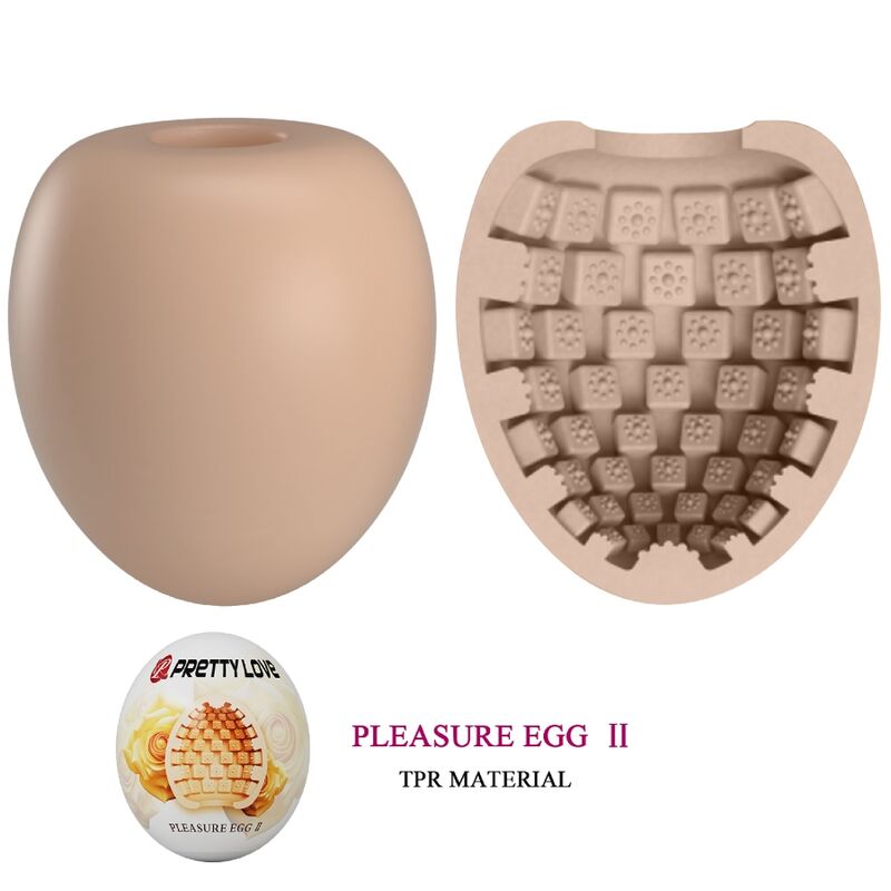 Masturbateur oeuf chair presente ferme et en coupe revelant la texture interne en relief, gaine extensible en TPR mention Pleasure Egg II.