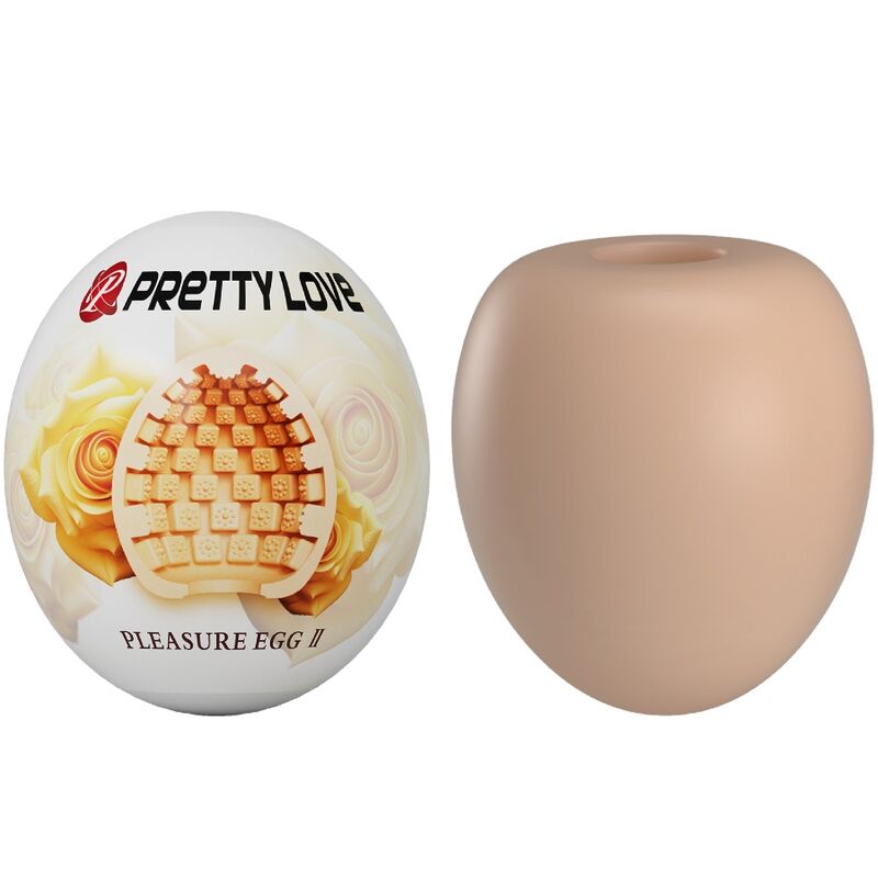 Masturbateur oeuf teinte chair vu de face dans son etui pose a cote, coque lisse extensible en TPR avec emballage Pleasure Egg, format nomade discret.