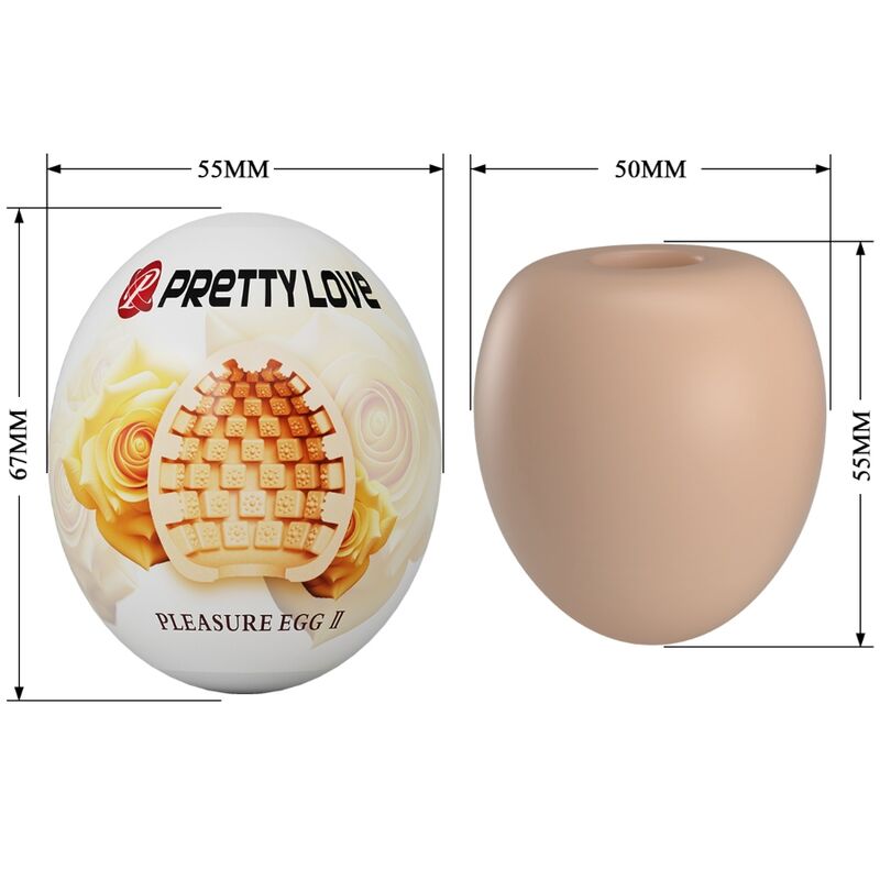 Schema du masturbateur oeuf avec cotes : 67 mm de haut, 55 mm ouvert et 50 mm ferme, coque souple extensible en TPR teinte chair.