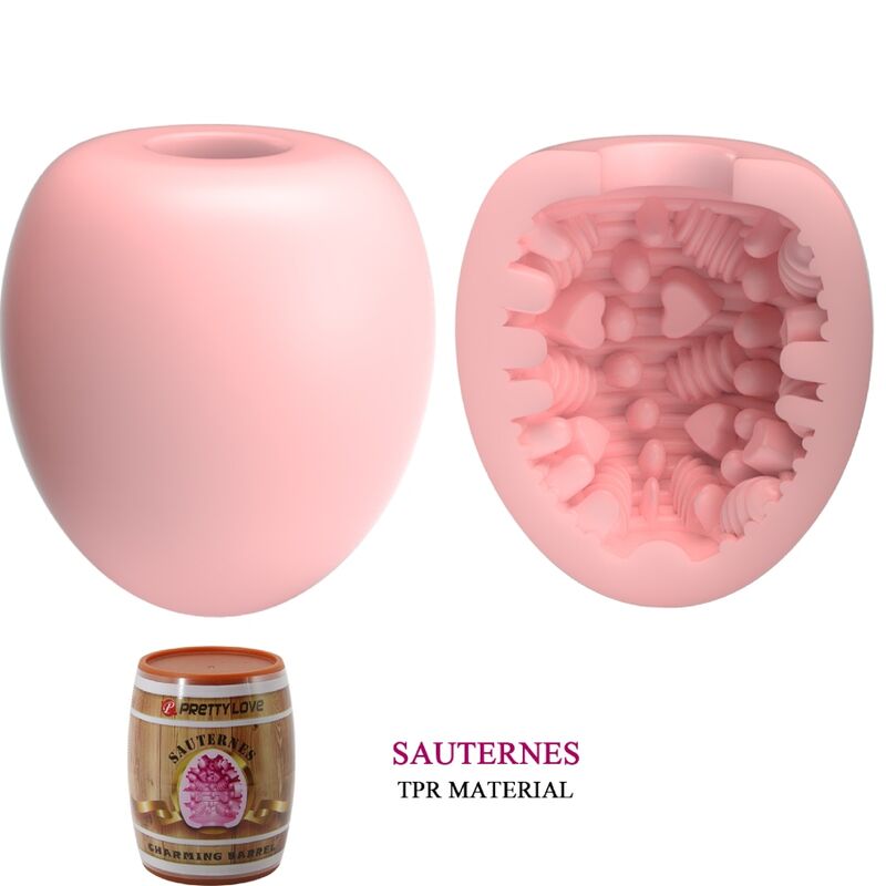 Masturbateur oeuf rose ferme et en coupe devoilant la texture interne nervuree en TPR, etui tonneau Sauternes pour un rangement discret.