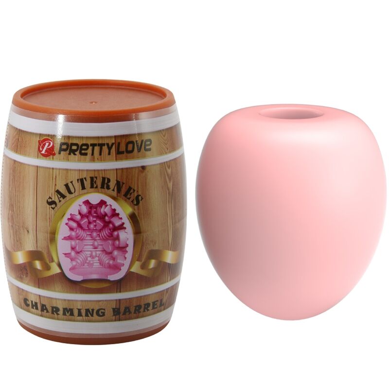 Masturbateur oeuf rose pose pres de son etui tonneau Charming Barrel Sauternes, coque lisse extensible en TPR, format compact et nomade.