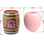 Schema du masturbateur oeuf rose avec cotes 54 et 50 mm de large, 67 et 55 mm de haut, etui tonneau Sauternes et gaine TPR extensible.
